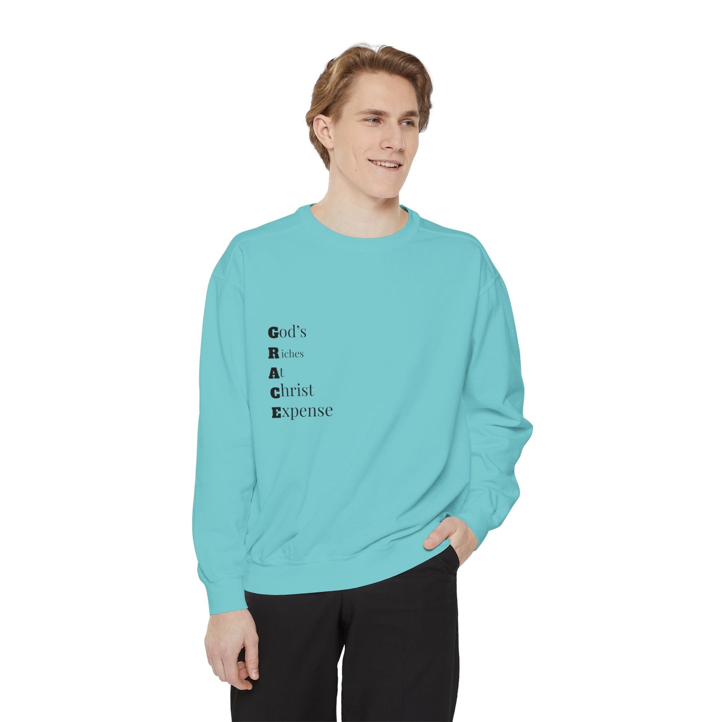 Christian Graphic Sweatshirt — "GRACE: God’s Redemption and Christ’s Expense" with Heart Hand Back Embroidery