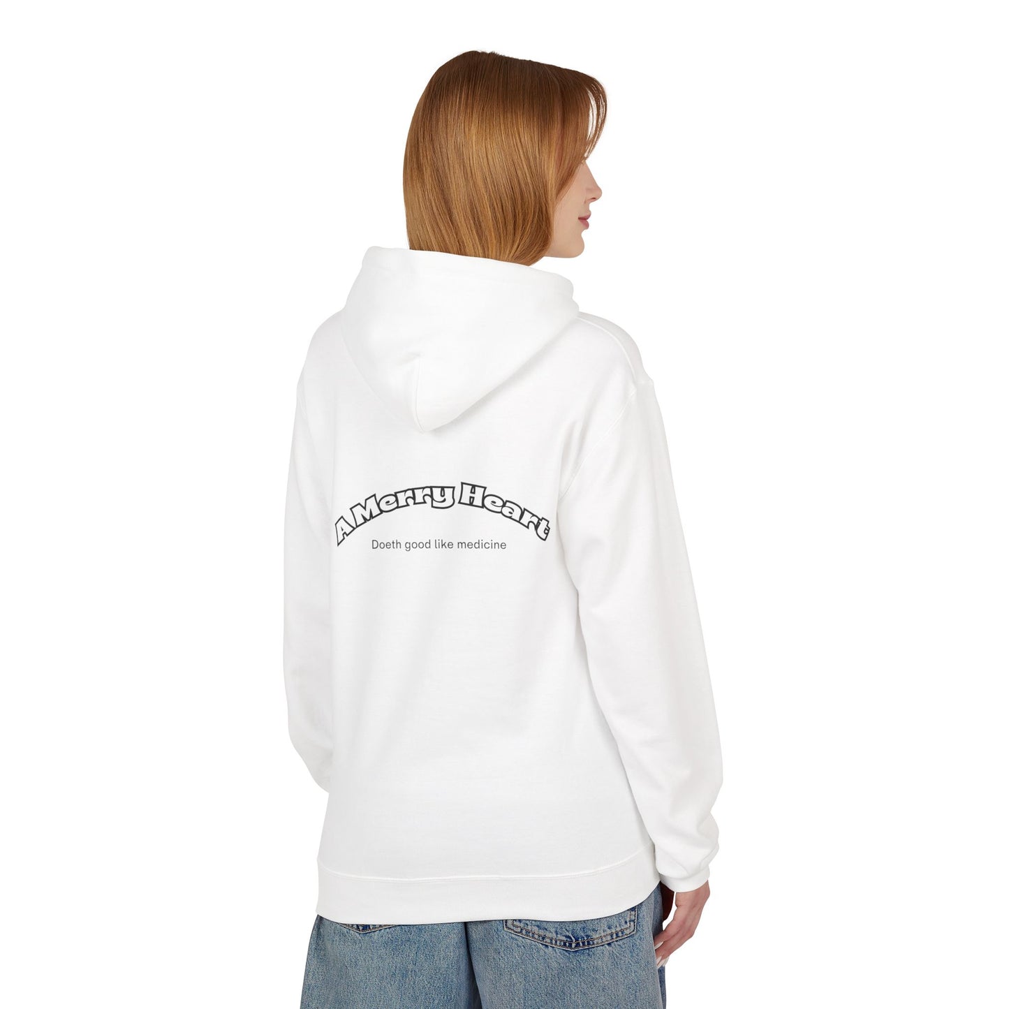 Hoodie — Happy Emoji Front with “A Merry Heart” Back Text Casual Pullover