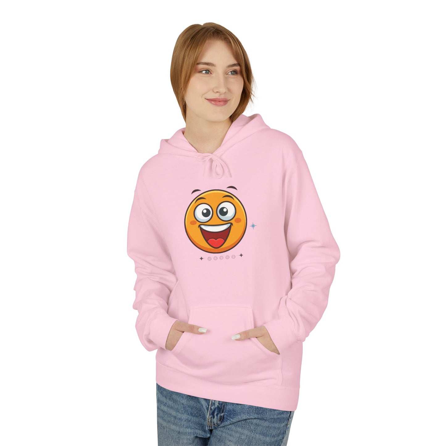 Hoodie — Happy Emoji Front with “A Merry Heart” Back Text Casual Pullover